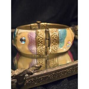Vintage Hinged Signed Bangle Bracelet Bone Brass Inlay hand painted Pin Latch